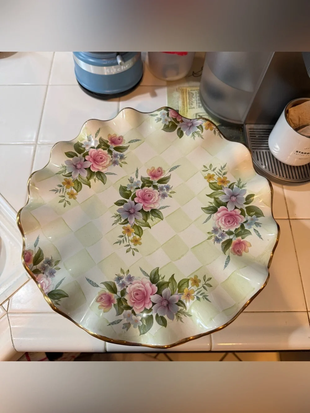 Vintage MacKenzie-Childs Sweet Pea Honeymoon Yellow Check Cake Stand
